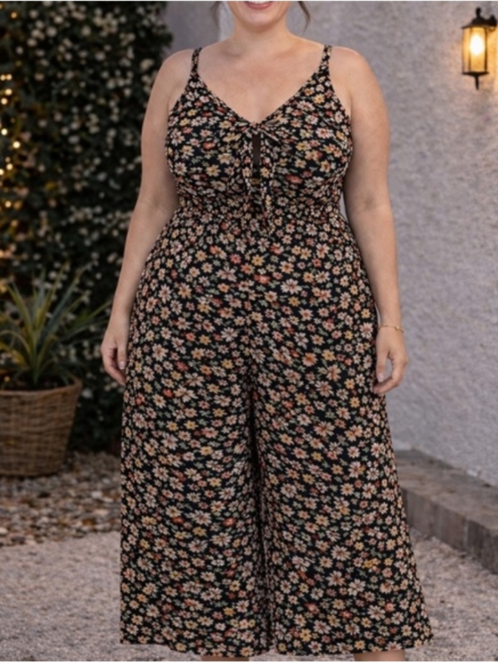 U Wish 2X Black Floral Wide Leg Jumpsuit Bow Front Keyhole Plus Size Cropped Rom